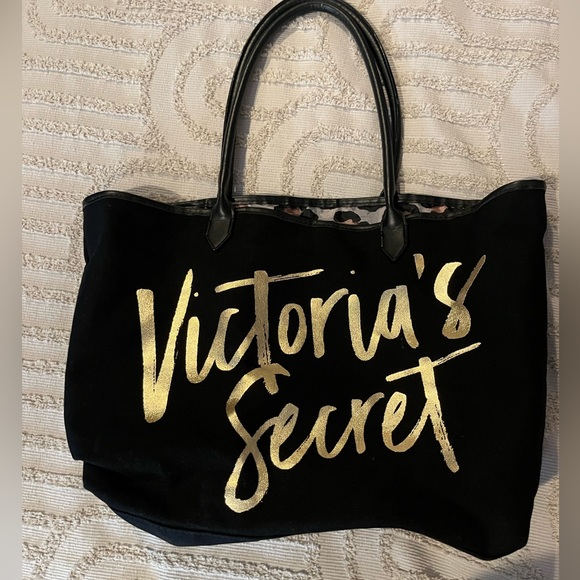 VICTORIA SECRET Canvas Tote Hand/Shoulder Bag Color Black & Gold - Picture 3 of 7